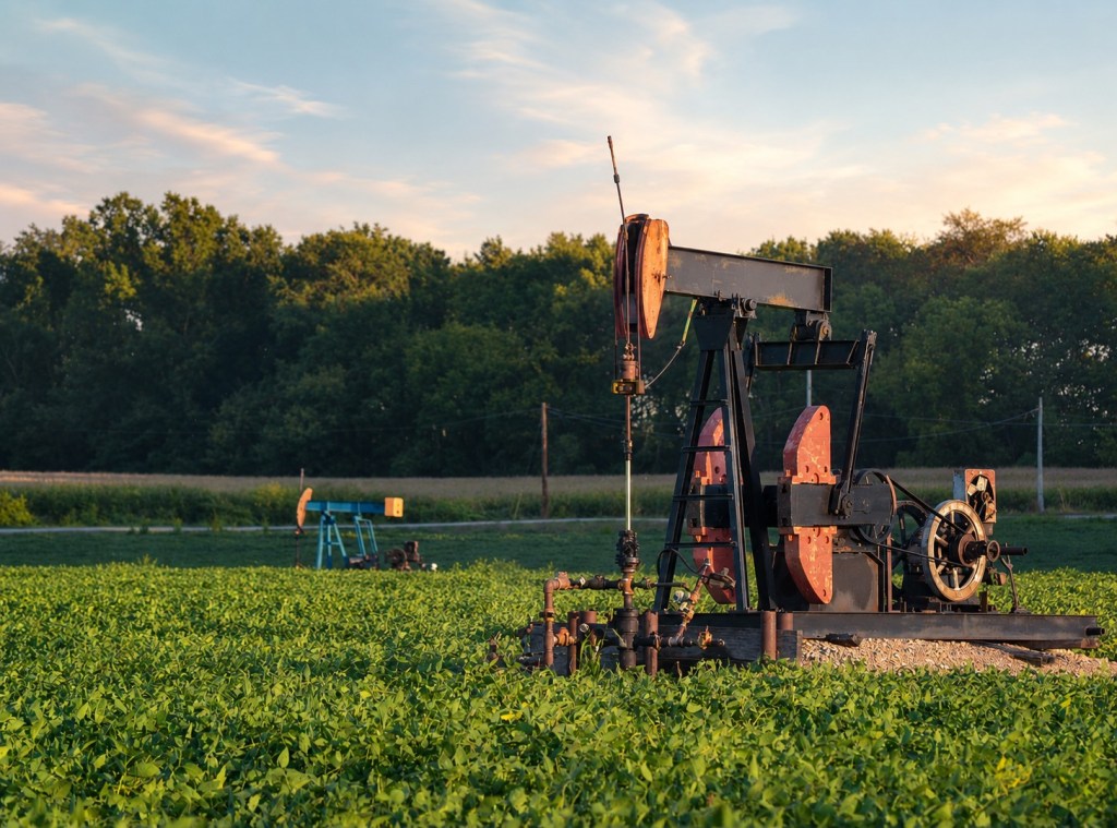Vintage oil pumpjack in a green soybean field during a warm golden hour sunset in Kirkersville Ohio