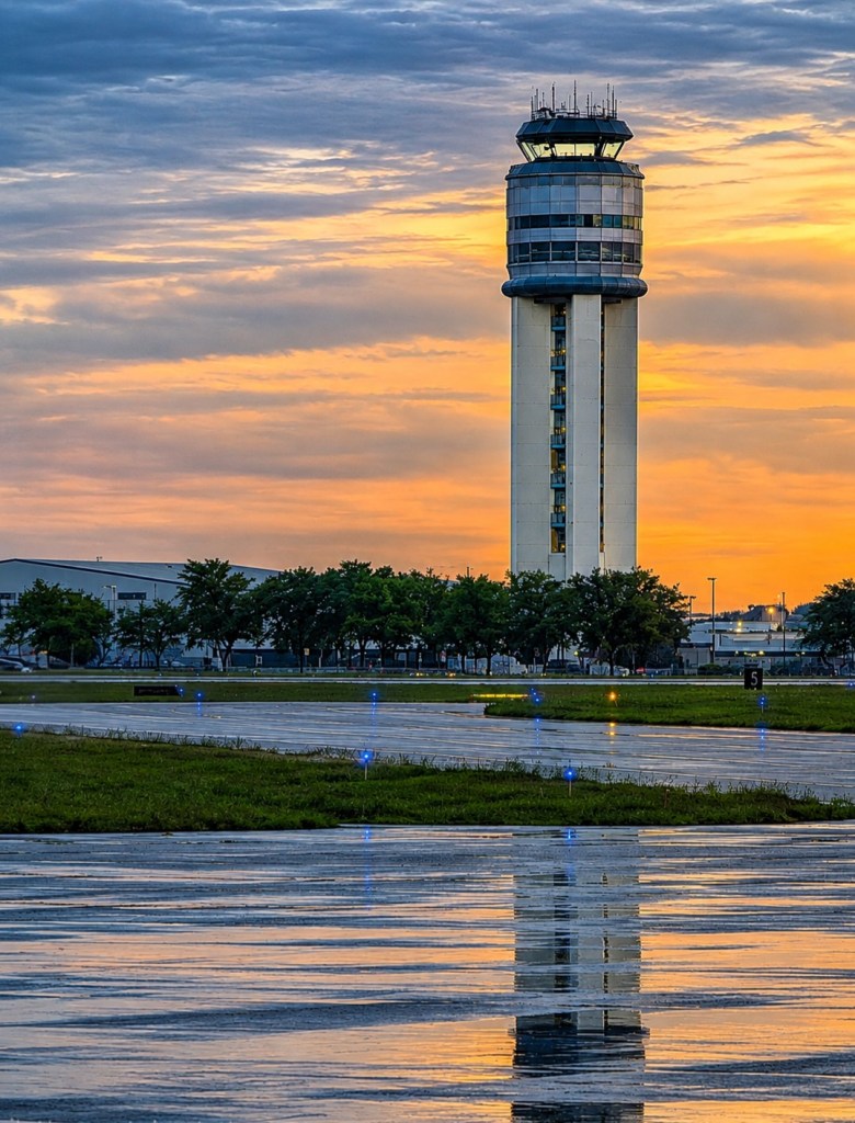 John Glenn International Airport (KCMH) Air Traffic Control tower at sunset. Columbus, Ohio.