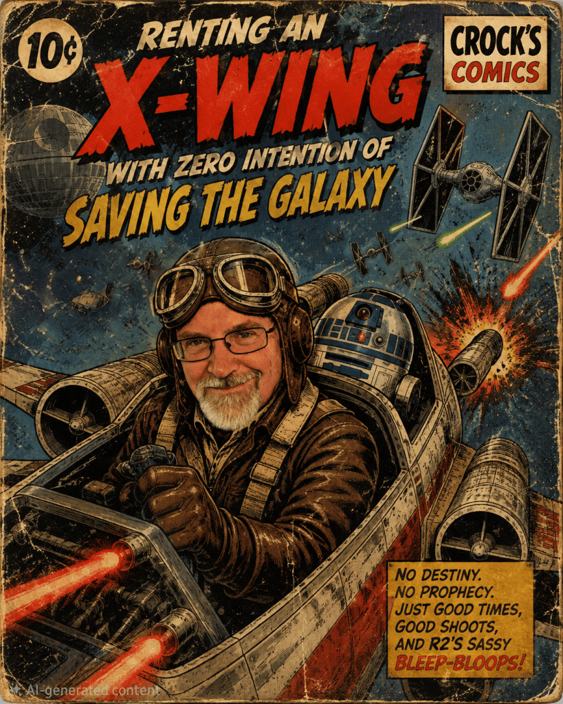 An X-Wing fighter flying through deep space being chased by TIE fighters 